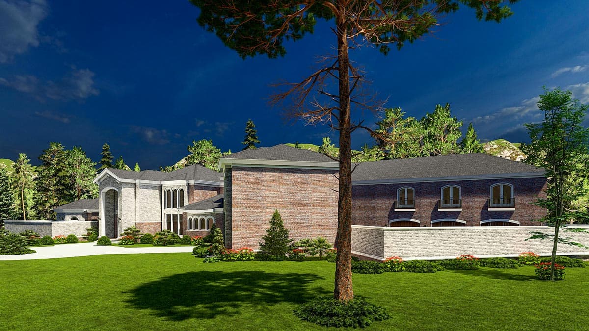 House plan exterior with brick and stone facade, arched windows, multiple gables, and attached garage.