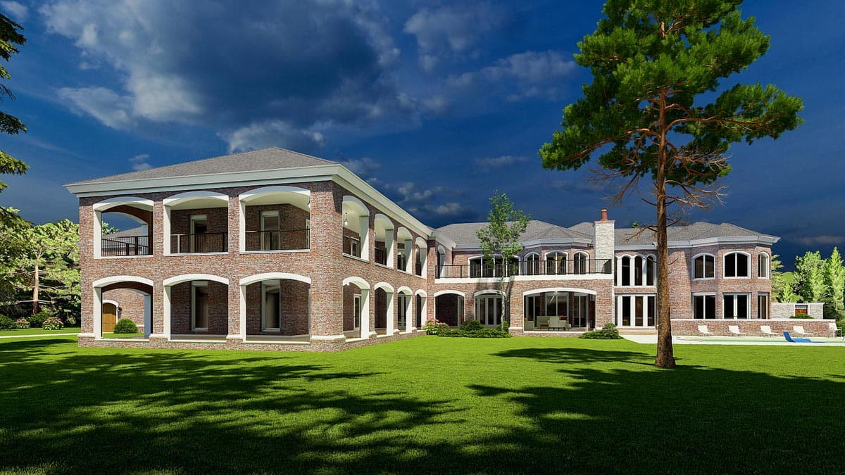 House plan exterior rendering shows a large, two-story brick home with arched porches, balconies, and gabled rooflines.
