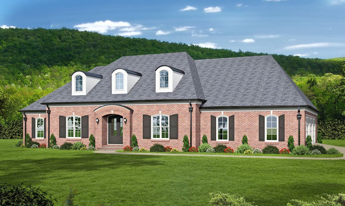 House plan exterior: Brick ranch with arched entryway, three dormers, and attached garage.