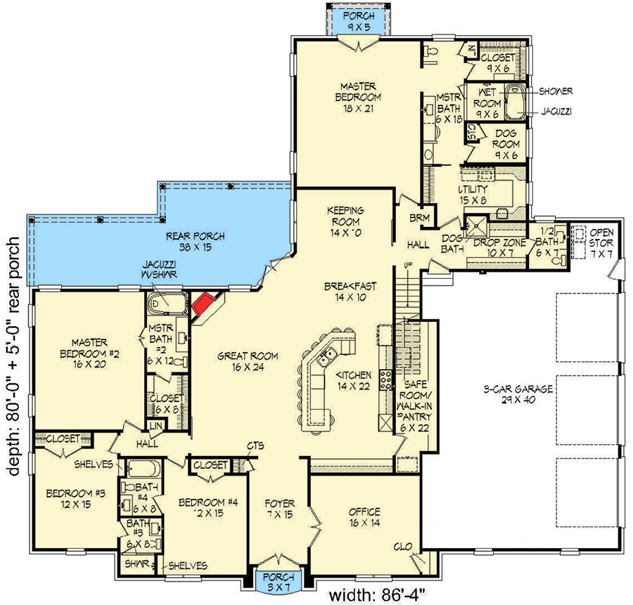 Plan 68452VR: Elegant Acadian Style House Plan with Two Master Suites - Floor Plan - Main Level - Acadian, European, French Country, Louisiana-Style