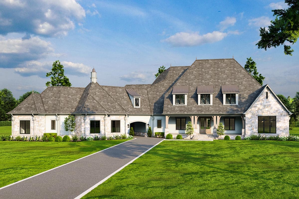 House plan exterior. Two-story home with stone and siding facade, multiple gables, dormers, and a covered porch.