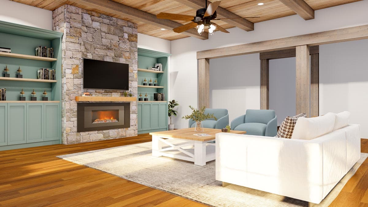 Interior rendering of a living room with a stone fireplace, built-in shelving, exposed ceiling beams, and seating.