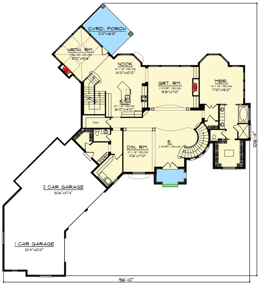 Plan 890001AH: 4 Bed European-Style House Plan with Turreted Stair - Floor Plan - Main Level - European, French Country, Traditional