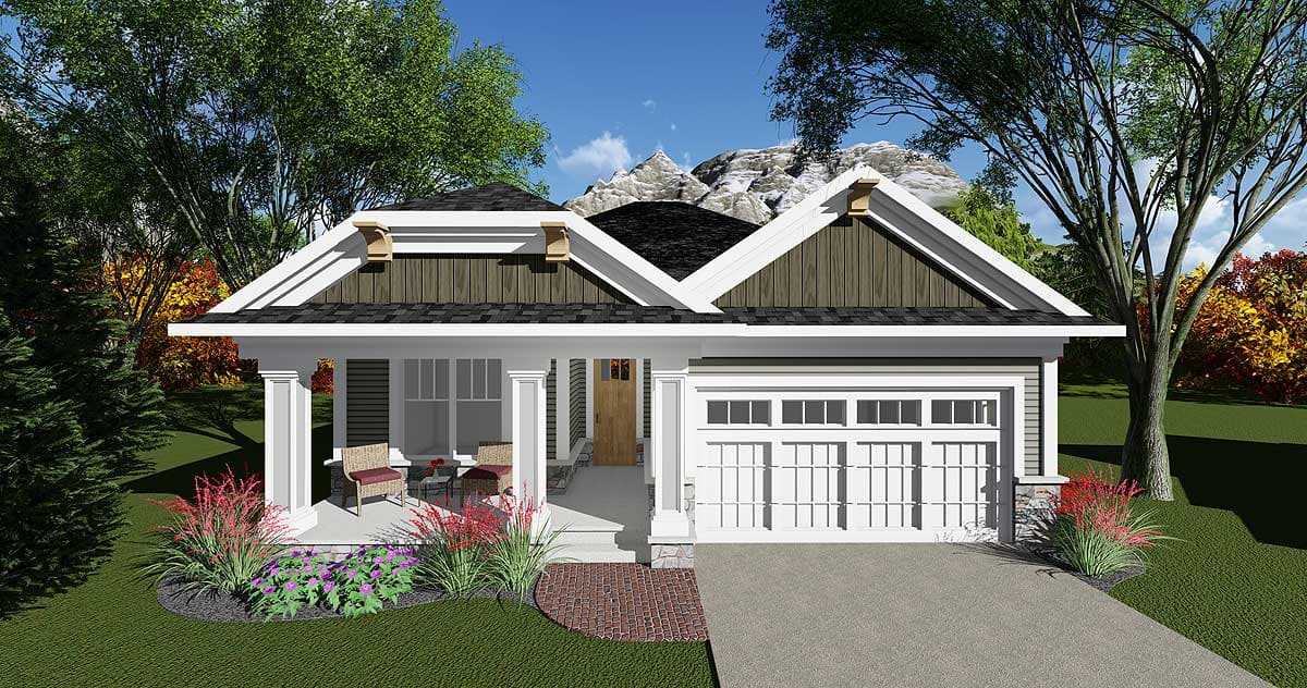 Craftsman house plan exterior with a single story, front porch, decorative gable ends, and a side-entry garage.