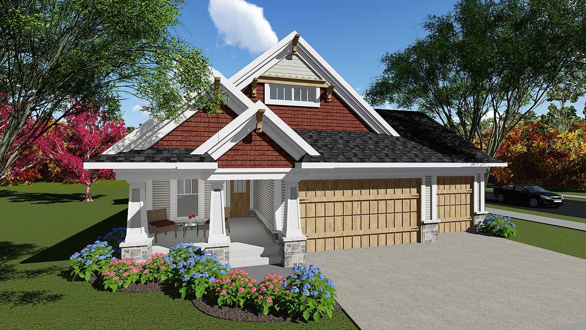 House plan exterior. Craftsman style, single story. Features include a front porch, gables with dormer, and an attached garage.