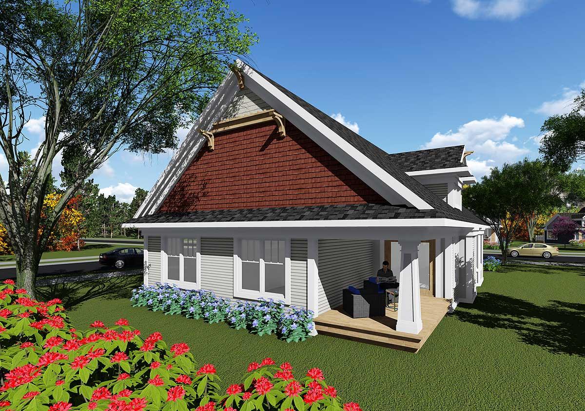 House plan exterior: One-story Modern Farmhouse with large gable, decorative rafter tails, shingled gable end, and covered porch with columns.
