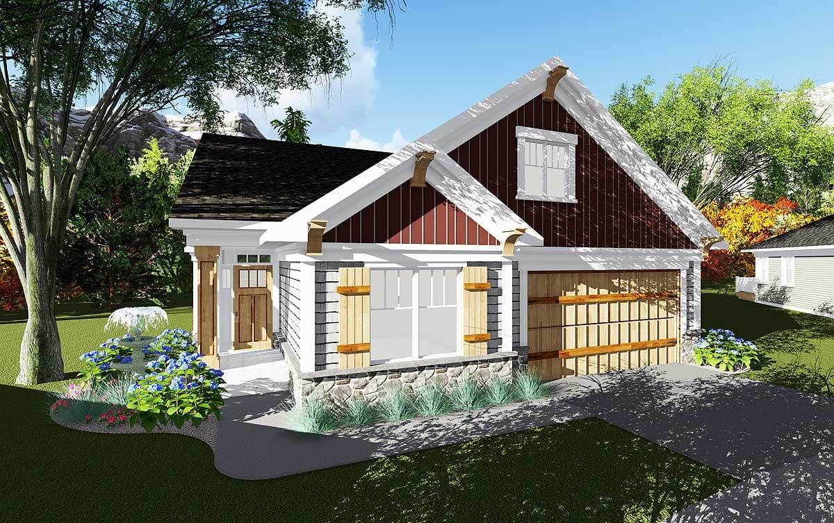 House plan exterior. Craftsman style, single-story home with gabled roof, stone facade, and attached garage. Includes decorative shutters.