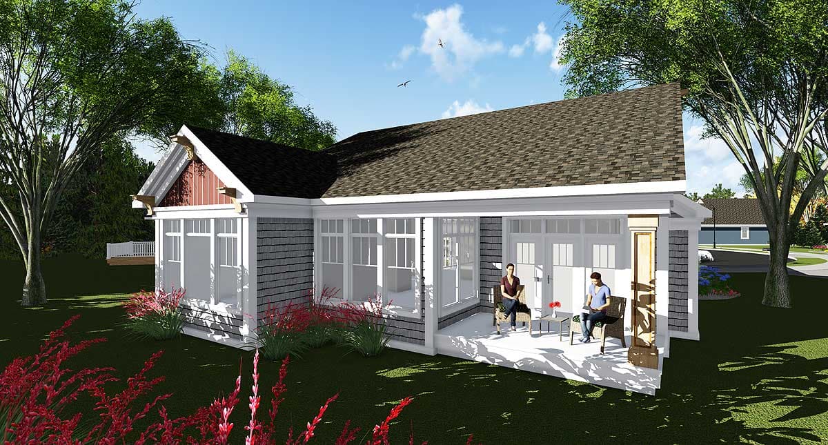 House plan exterior: One-story modern farmhouse with gabled dormer, covered porch, and shingle siding.