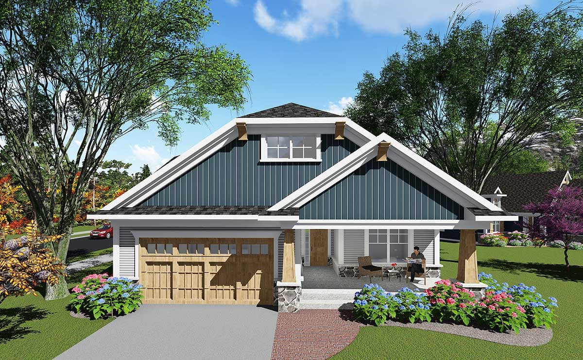 Craftsman house plan exterior. One-story home with a gabled roof, a front porch with stone pillars, and a two-car garage.
