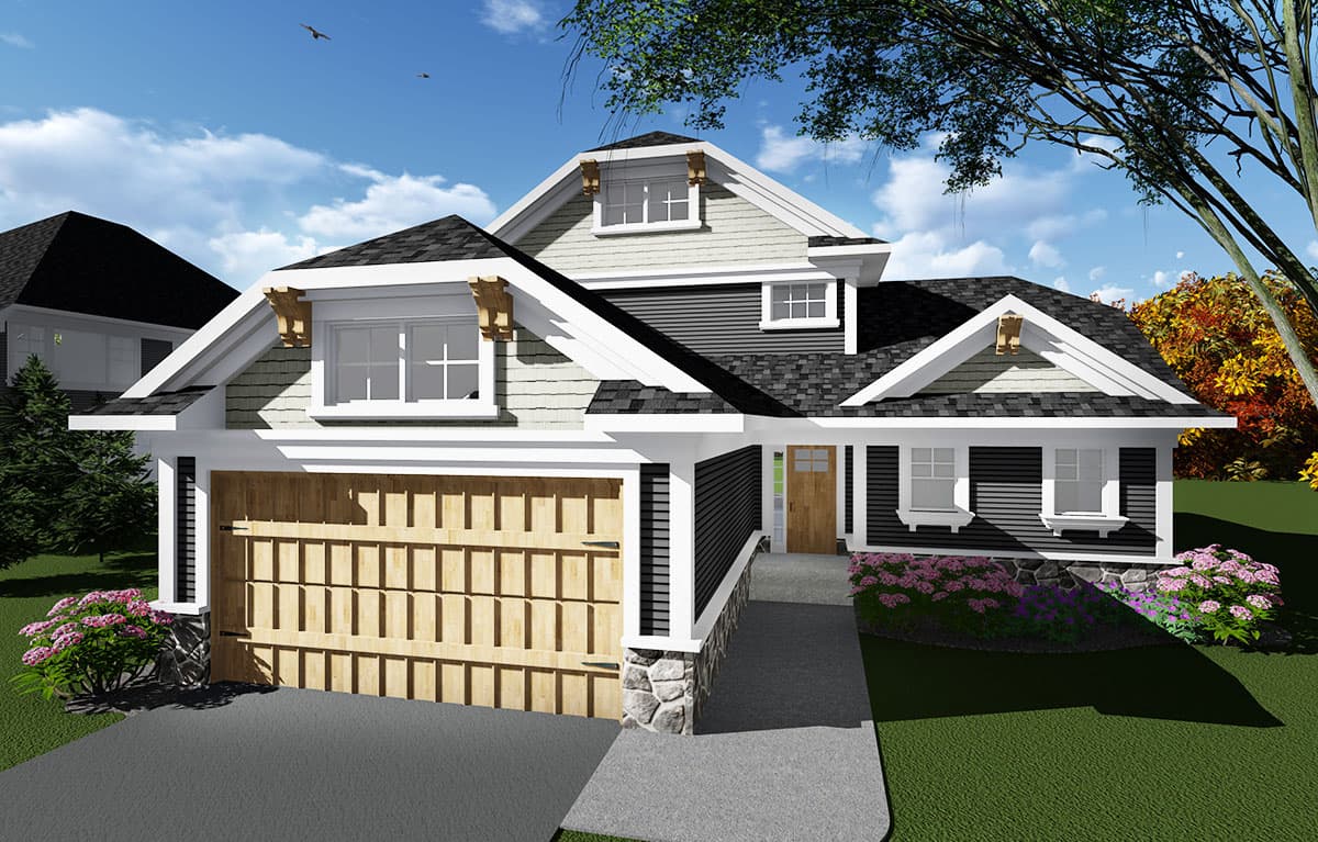 House plan exterior rendering, Craftsman style. Features a gabled roof, exposed rafter tails, and a front-facing garage with carriage style door.