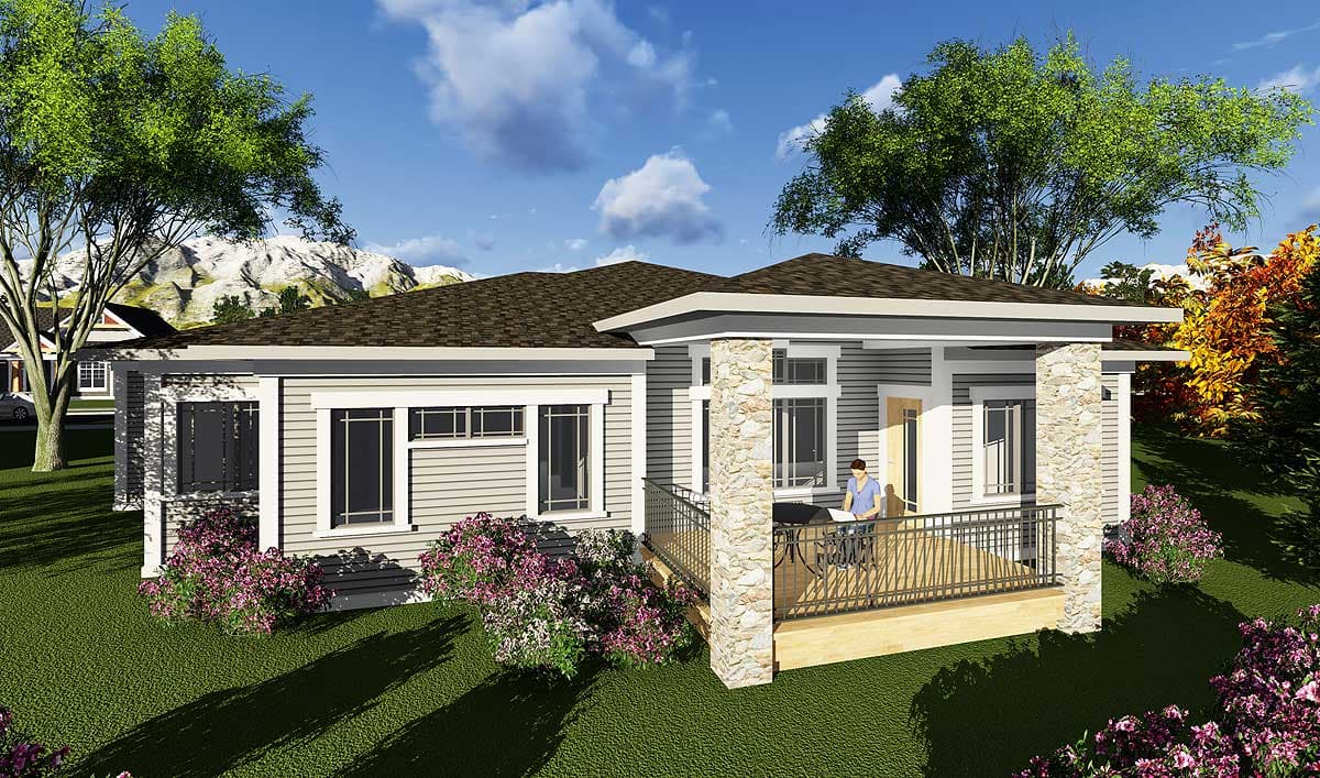 Modern Ranch house plan exterior with a covered porch, stone column accents, and horizontal siding.