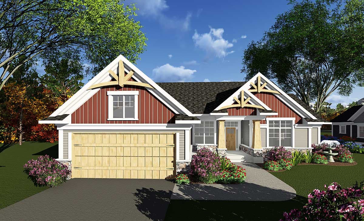 House plan exterior. Craftsman style, one-story. Features include gabled roof, exposed rafter tails, and a front-facing garage.