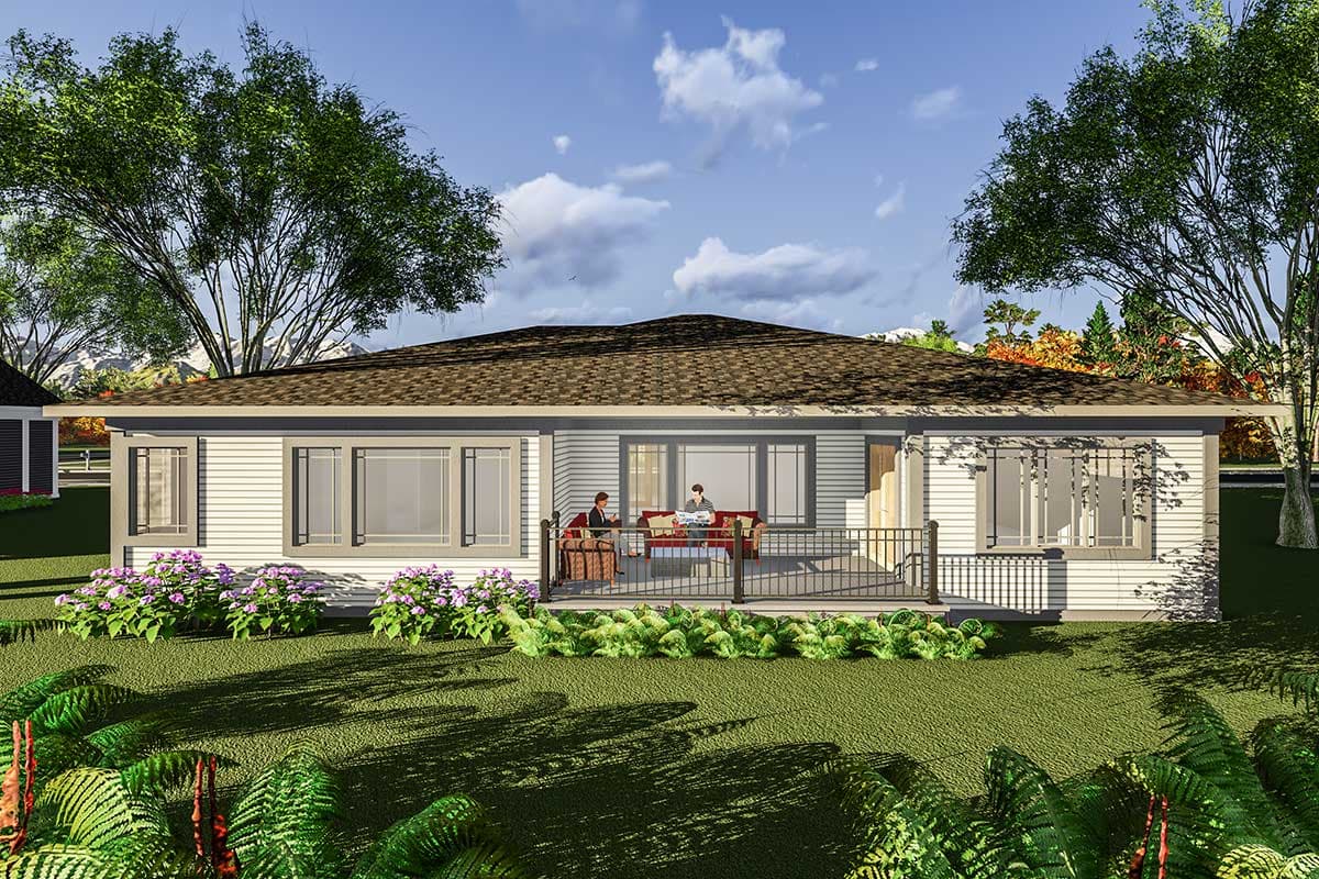 House plan exterior of a one-story ranch home with a covered porch, horizontal siding, and large windows.