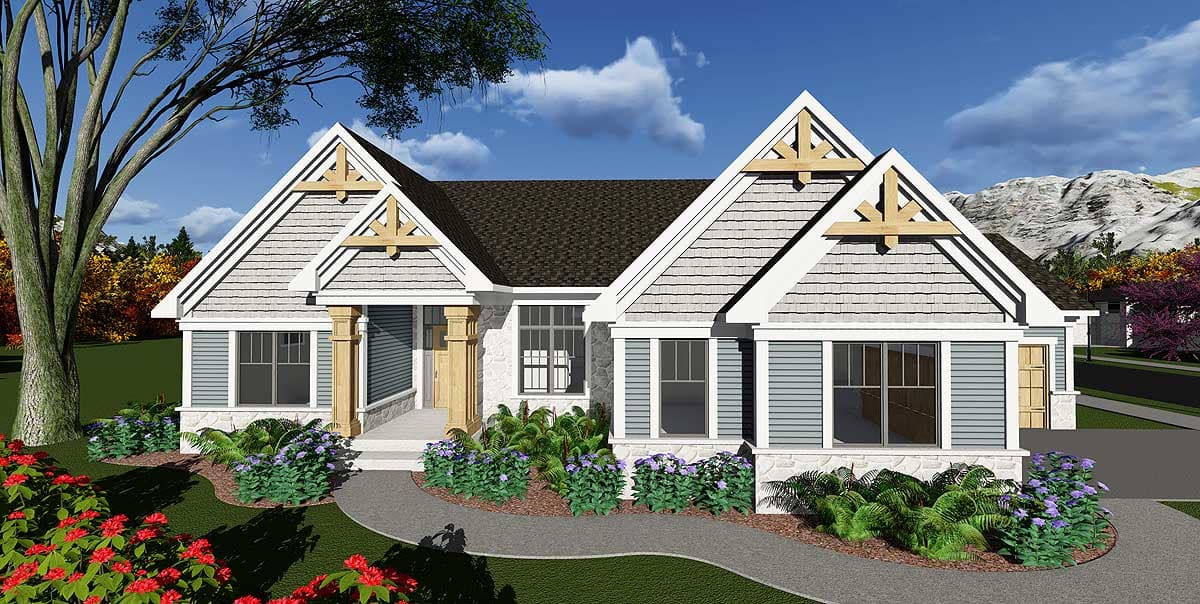 House plan exterior with Craftsman style, single story, gabled roof, exposed rafter tails, and a front porch. Shingle siding and stone accents.