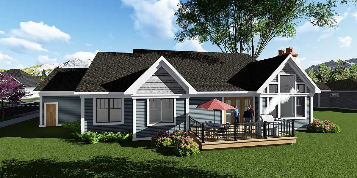 House plan exterior: Ranch style, single story, with gabled dormer, chimney, and deck.