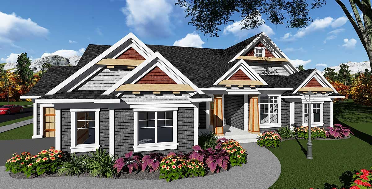 House plan exterior. Craftsman style, one-story home with multiple gabled rooflines, decorative rafter tails, and a front porch entry.
