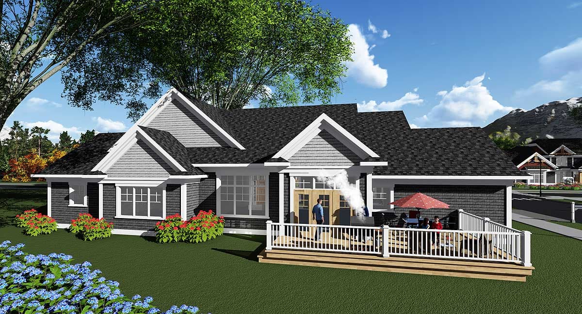 House plan exterior: Single-story modern farmhouse with gables, a covered porch with double doors, and a large deck with railing.