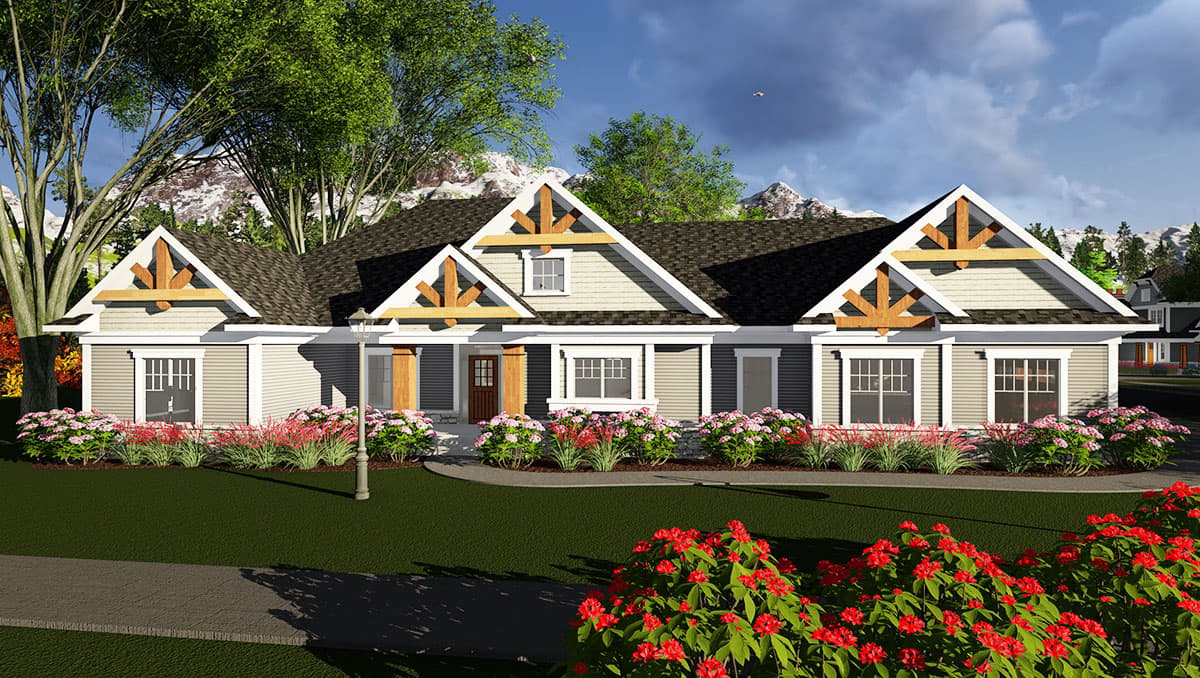 House plan exterior. Craftsman style, one story, with multiple gables and exposed rafter tails. Features a front porch and a dark shingle roof.