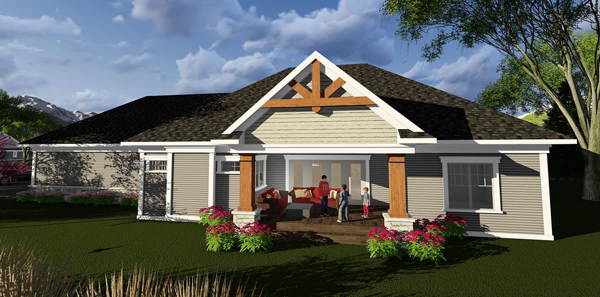 House plan exterior of a one-story home with a prominent gable, exposed wood beams, and a covered porch.