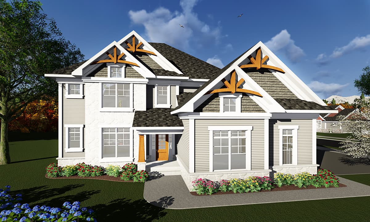 House plan exterior rendering. Two-story Craftsman style home with gables, decorative timber brackets, and a front entry porch.