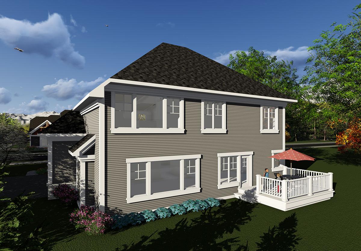 House plan exterior: two-story home with a hip roof, horizontal siding, and a wraparound deck with an umbrella.