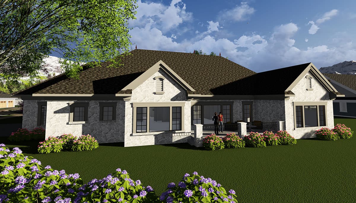 House plan exterior: Single-story home with stone facade, prominent gables, pitched roof, and a covered porch.