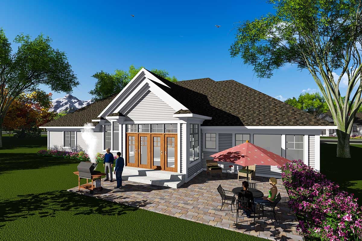 House plan exterior: single-story home with a central gable, covered porch with double doors, and a detached garage.
