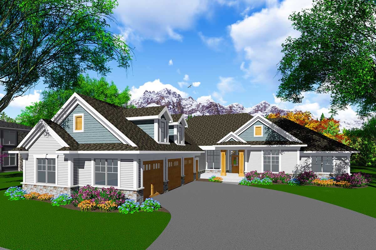 House plan exterior. Craftsman style with a three-car garage, multiple gables, and dormers. Features include a covered front porch and stone accents.
