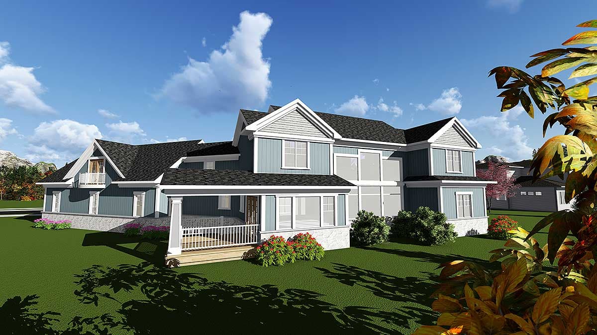 House plan exterior rendering: two-story blue home with gables, front porch, dormers, and stone foundation.