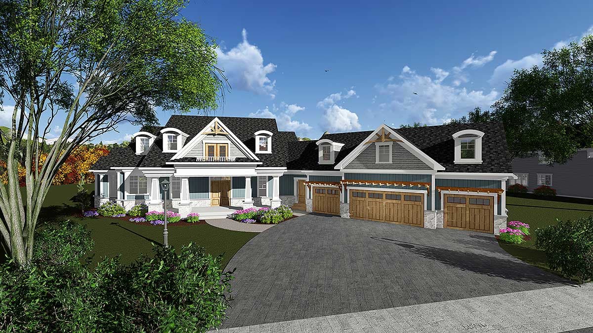 House plan exterior with Craftsman style, two stories, front porch, multiple dormers, and attached garage with wooden doors.