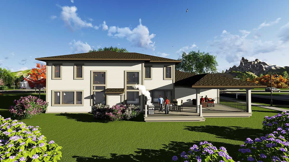 House plan exterior: Two-story modern home with a wraparound deck and covered patio. Features a prominent gable roofline and horizontal siding.