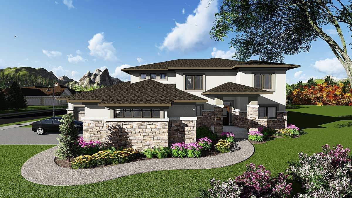 House plan exterior. Two-story Modern house with stone veneer, flat roof, and covered entry. Landscaping includes curved walkway and flower beds.