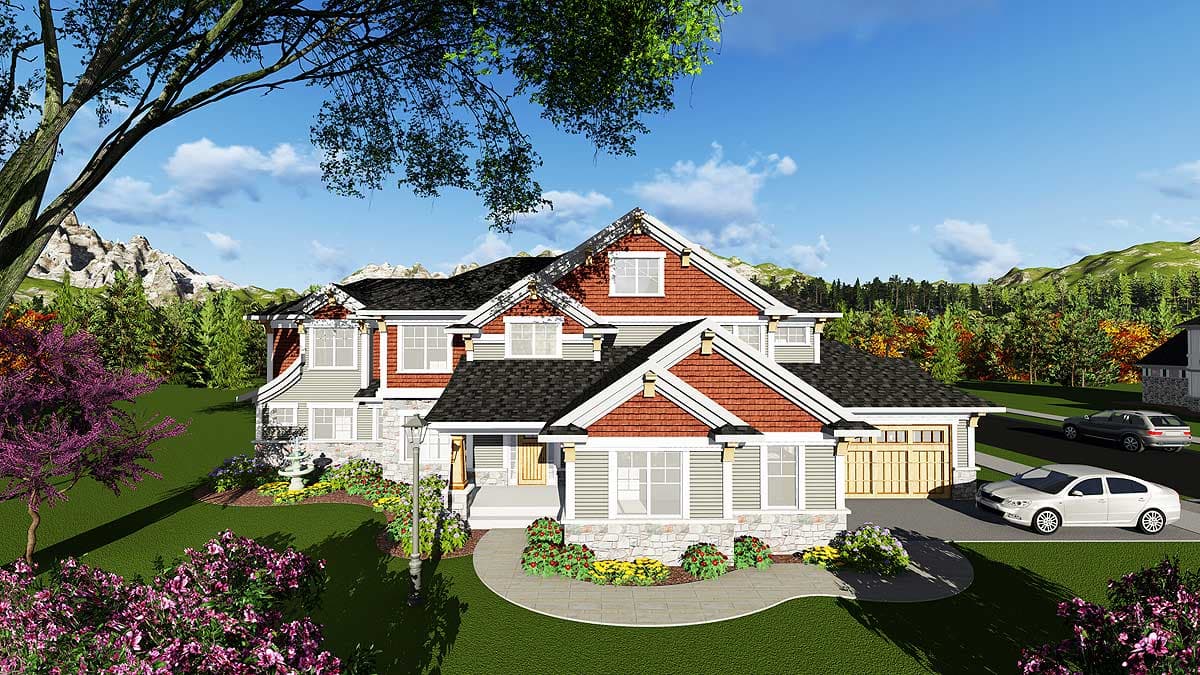 House plan exterior with two stories. Craftsman style with gabled roof, dormers, and a two-car garage. Features stone facade and covered porch.