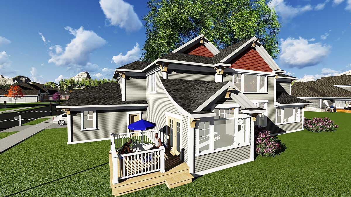 House plan exterior with gabled dormers, decorative brackets, and a front deck.