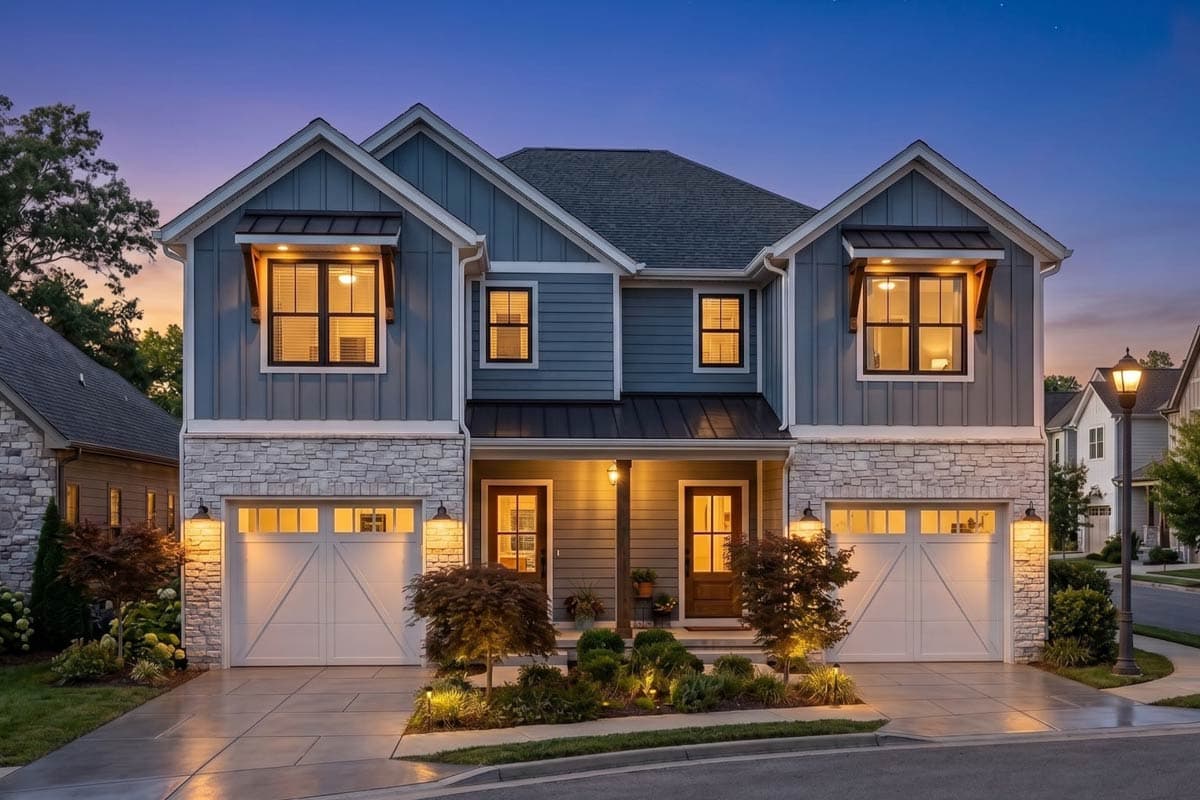 House plan exterior. Two-story home with Craftsman-style elements, stone veneer on the lower level, gabled rooflines, and two-car garage.