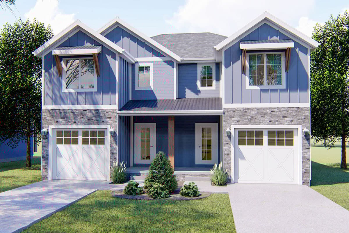House plan exterior. Two-story home with Craftsman-style elements, stone veneer on the lower level, gabled rooflines, and two-car garage.