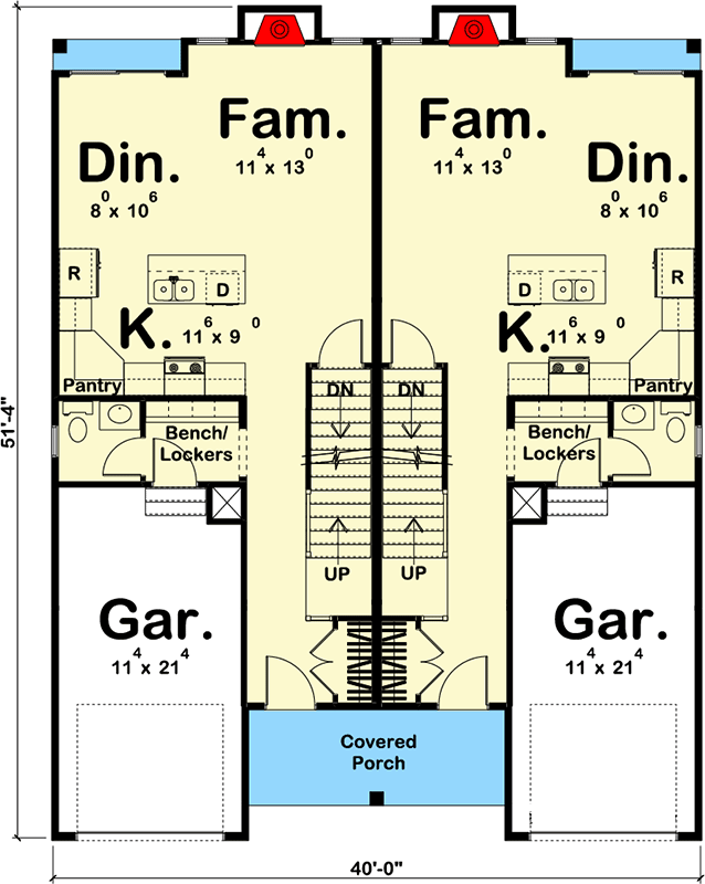 Plan 62658DJ: 3 Bed Craftsman Narrow Lot Duplex House Plan - Floor Plan - Main Level - Craftsman, New American