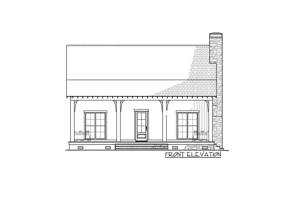 Front elevation of a house plan featuring a covered porch with wood columns, a central door, and two windows, alongside a stone chimney.