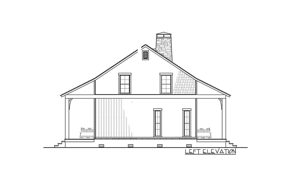 House plan left elevation with a gabled roof, stone chimney, dormer, covered porch with seating, and shingle siding accent.