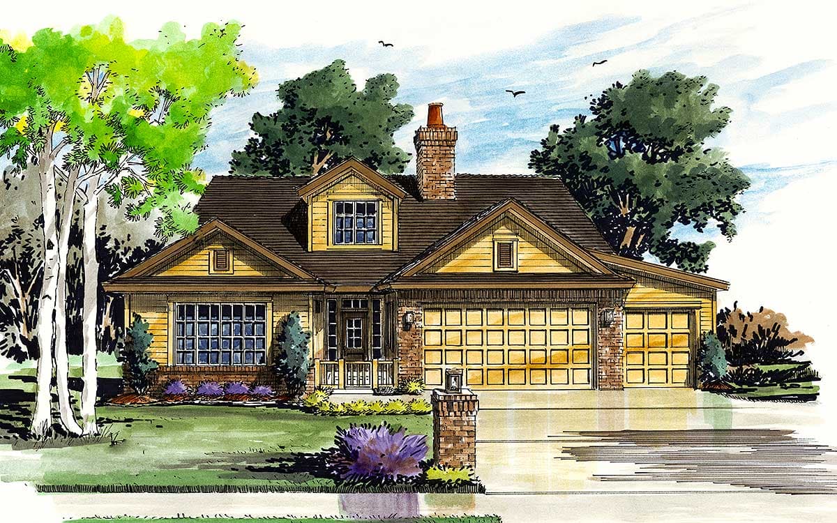 House plan exterior featuring a Craftsman style. Two-story with a gabled roof, dormers, and a two-car garage. A brick chimney is also present.