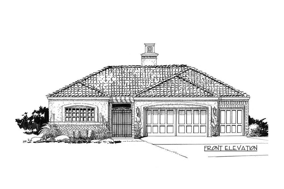 Front elevation drawing of a single-story house with a tiled hip roof, a prominent chimney, a gated entrance, and a three-car garage.