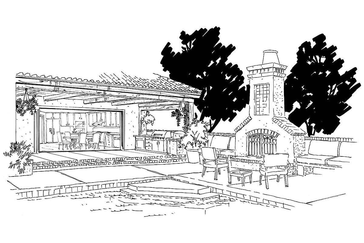 Outdoor kitchen and living area with fireplace, seating, and dining table visible through open-concept home.