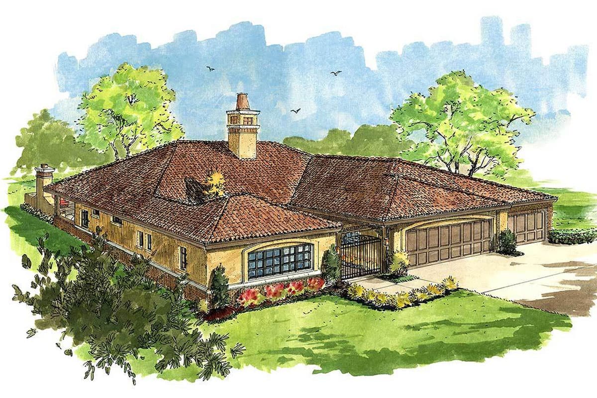 House plan exterior with a tile roof, one story, and a detached garage. Features include a prominent chimney and arched entry.
