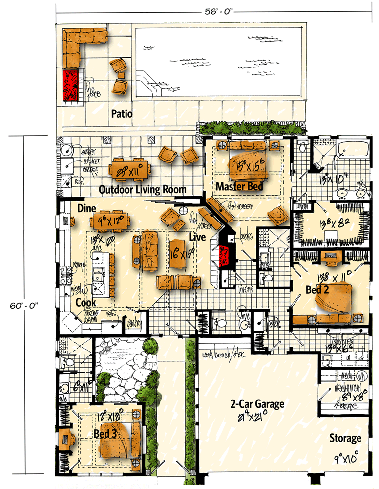 Plan 12952KN: European-Style 3 Bedroom House Plan with Courtyard - Floor Plan - Main Level - European, Rustic
