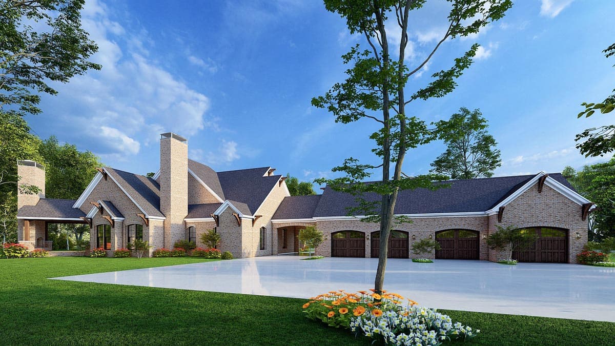 House plan exterior, brick construction, prominent gables, large chimney, and a five-car garage with arched doors.