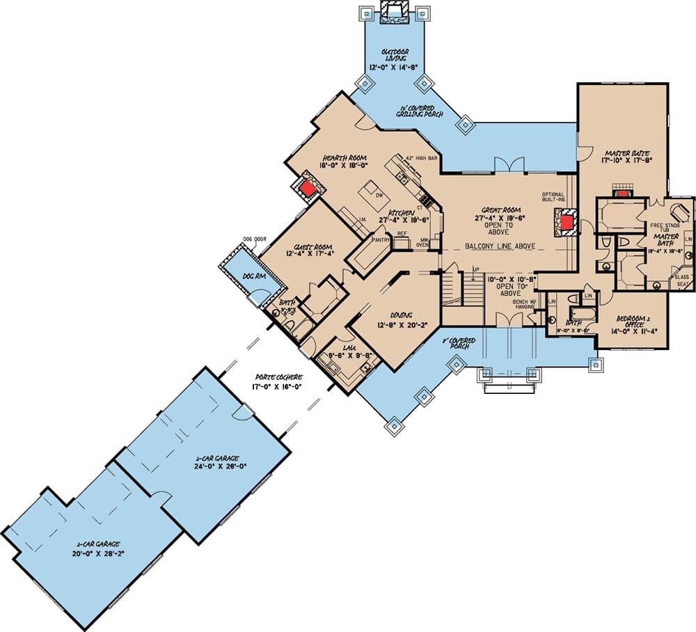 Plan 70538MK: Traditional Beauty with an Angled Floor Plan and up to 5 Beds - 4595 Sq Ft - Floor Plan - Main Level - Traditional