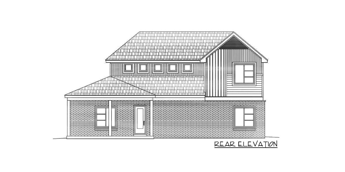 Rear elevation drawing of a two-story house with brick lower level, shingled upper stories, gabled roof, and covered porch.