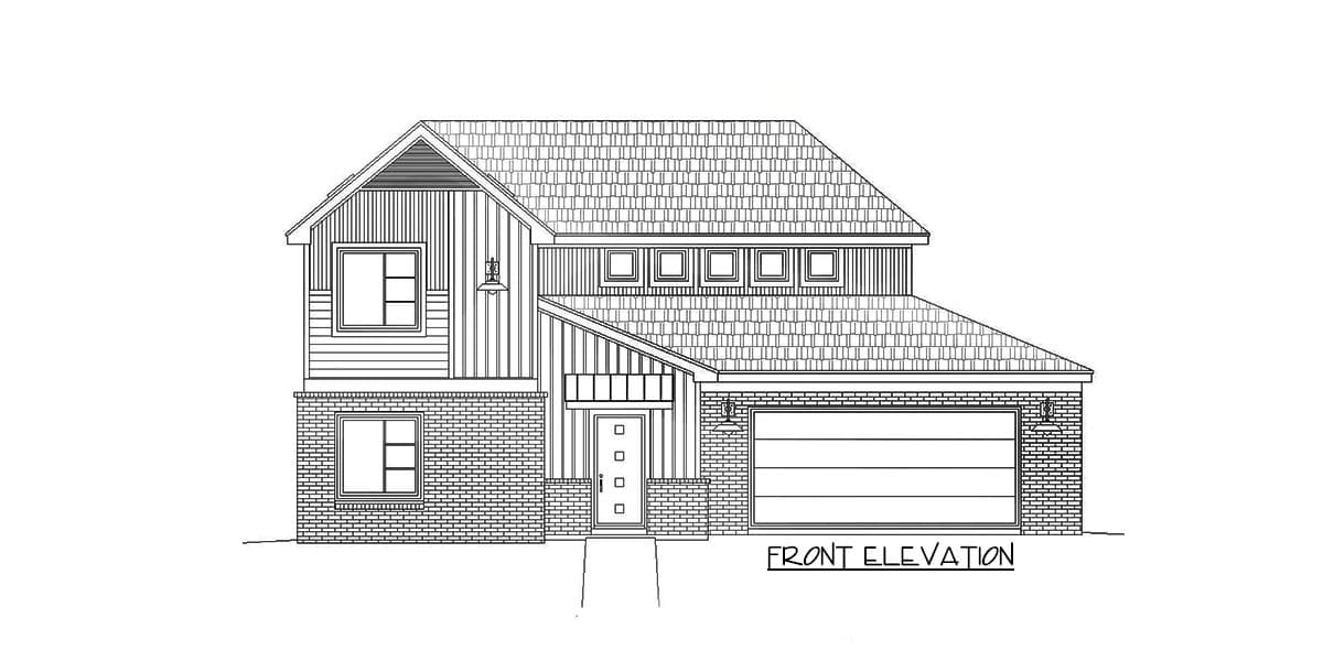 Front elevation drawing of a two-story house plan with a gable roof, brick base, vertical siding, and attached garage.