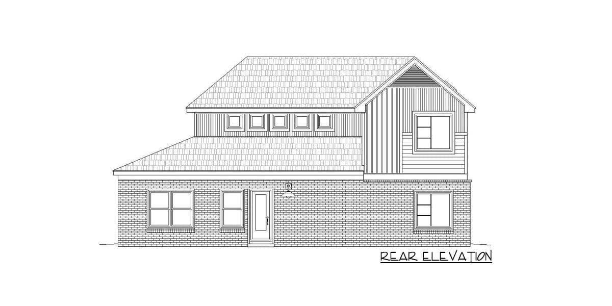 Rear elevation drawing of a two-story house with brick foundation, siding, and gable roof.