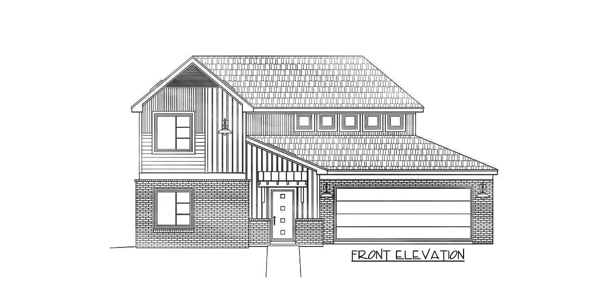 Front elevation drawing of a two-story house with a prominent gable, mixed brick and vertical siding, and an attached garage.